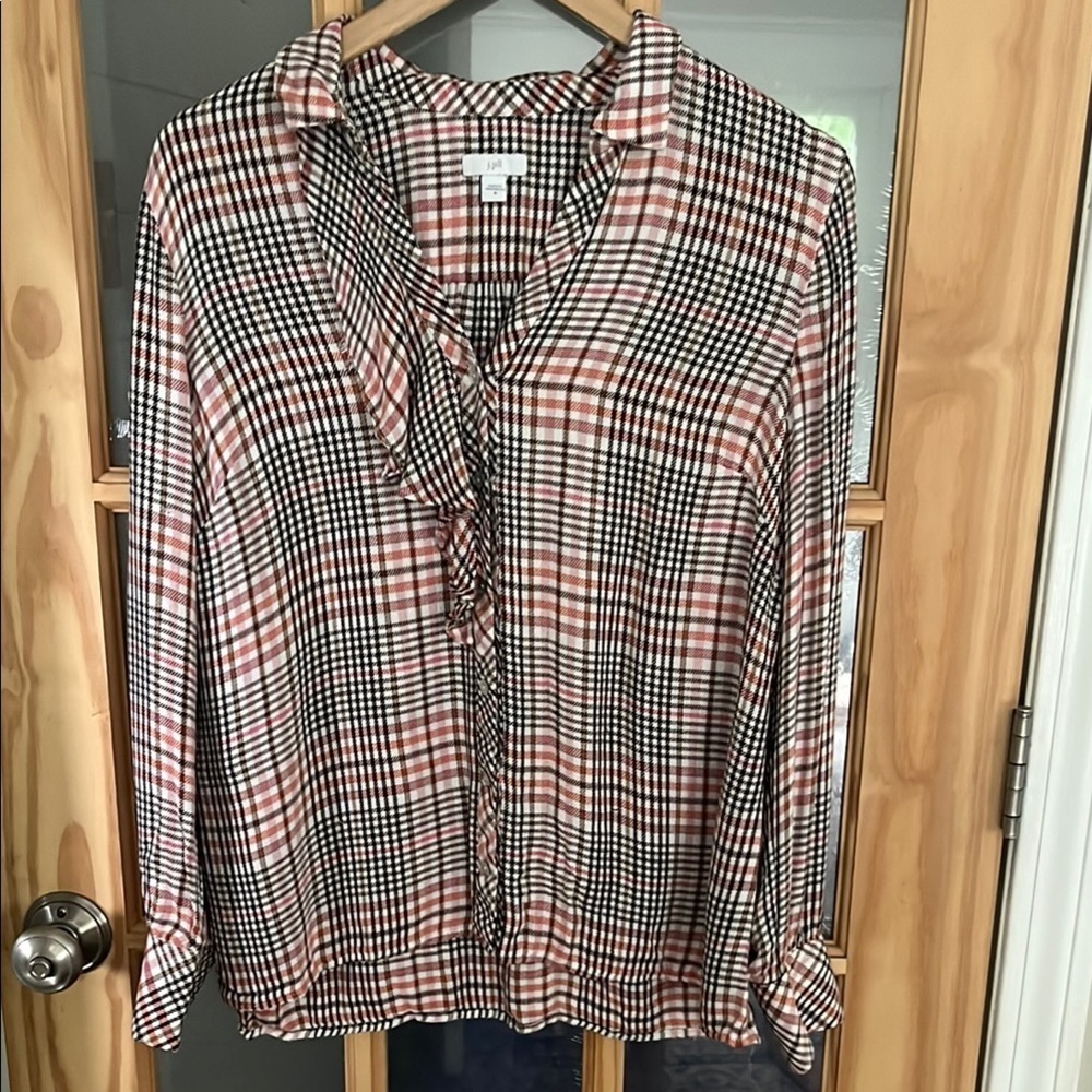 J. Jill super soft ruffle front brown and pink Button Down Blouse medium